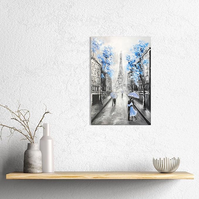 YPY Blue Floral Paris Canvas Wall Art: Black White Eiffel Tower Picture for Living Room Decor, Grey Hand Painted Textured Oil Painting Large Modern Artwork Home Decoration 12" x 17"