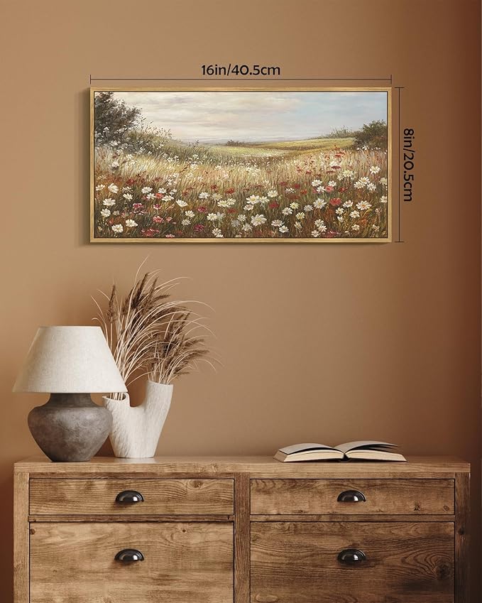 SHENIFY Vintage Framed Wall Art Meadow with Flowers Landscape Scenery Home Decor Retro Wildflower Field Decorations for Farmhouse Bedroom Ready to Hang Wall Artwork - 8x16in Natural Framed