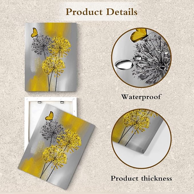 LB Yellow Dandelion Canvas Wall Art Yellow Grey Dandelion with Butterfly on Modern Abstract Wall Art Aesthetic Wall Decor for Living Room Bedroom Bathroom Office Framed Ready to Hang 20L x 16W