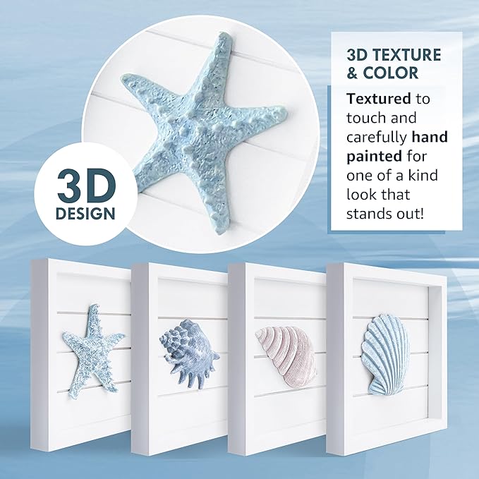 Tide and Tales 3D Seashells & Starfish Coastal Wall Art Decor (Framed Set of 4) Beach Wall Decor for Bathroom or Coastal Bedroom - Ocean Inspired Seaside Decorations for Home or Beach House (7"x7")