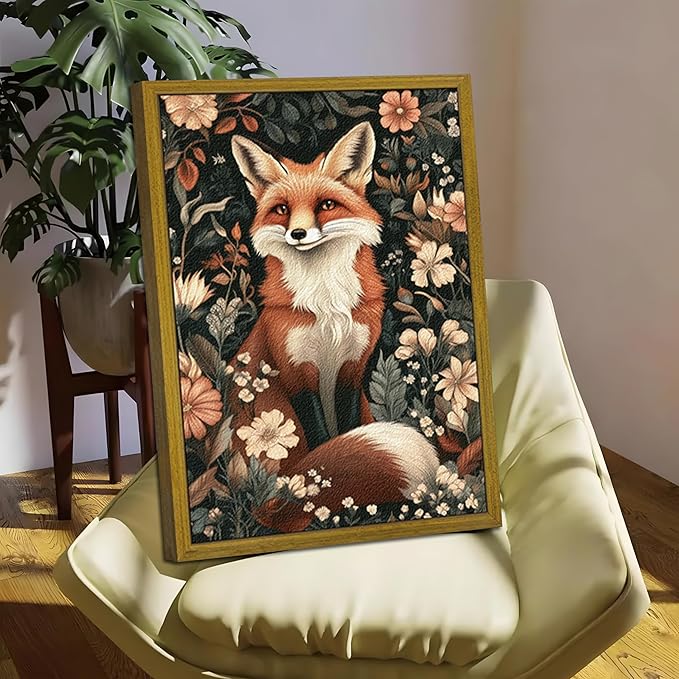 Framed 3D Textured Vintage Wall Art, Hand Drawn Sandstone Fox Wall Decor Paintings, Whimsical Forest Animal Floral Botanical Aesthetic Picture, Cottage Core Home Nursery Decor 12x16 inch