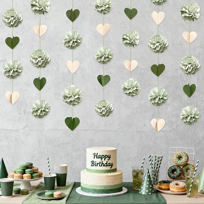 Sage Green Party Decoration Tissue Flowers Pom Pom with 3D Heart Hanging Paper Garland Banner Streamer for Birthday Baby Shower Wedding Valentines Day Woodland Neutral Themed Party Home Decor Supplies