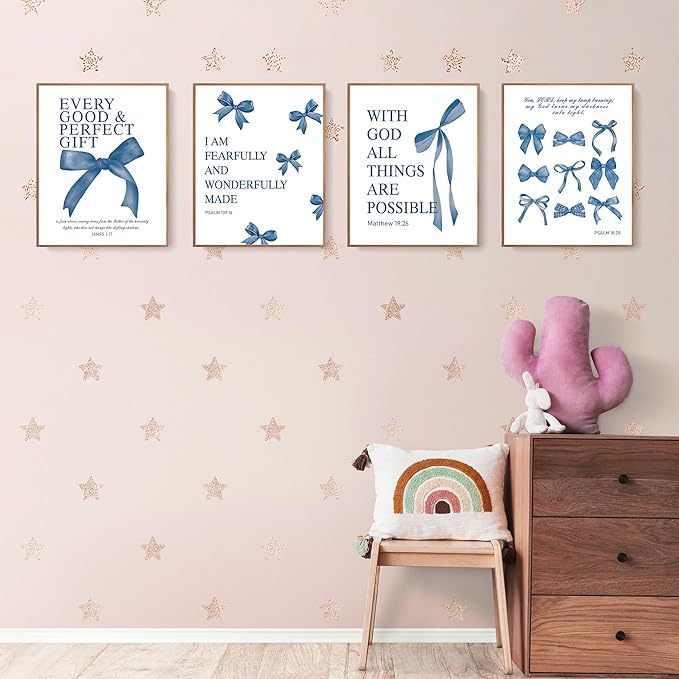 LARTSFRO Coquette Navy Blue Bow Wall Art Decor Posters, Navy Blue Bow Room Bedroom Bathroom Dorm Wall Art Decor Aesthetic for Teen Girls Gifts, Inspirational Bible Verses Bow Wall Decor, 10x8 Inch Set of 4 Pcs Bow Pictures (UNFRAMED)