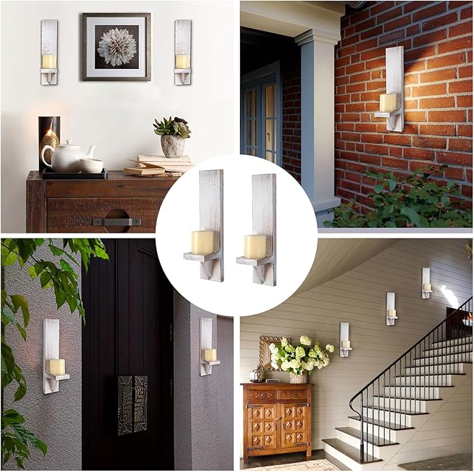 OwnMy Set of 2 Wooden Wall Candle Sconces Rustic Wall Pillar Candle Sconces, Vintage White Hanging Wall Candle Sconce Farmhouse Candle Holders for Living Room