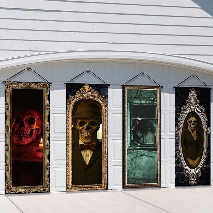 Tiamon 4 Pcs Vintage Christmas Halloween Carnival Porch Banners Retro Santa Clown Stretching Portraits Wall Decorations Gothic Porch Sign Backdrop for Xmas Indoor Outdoor Hanging Decor (Gothic)