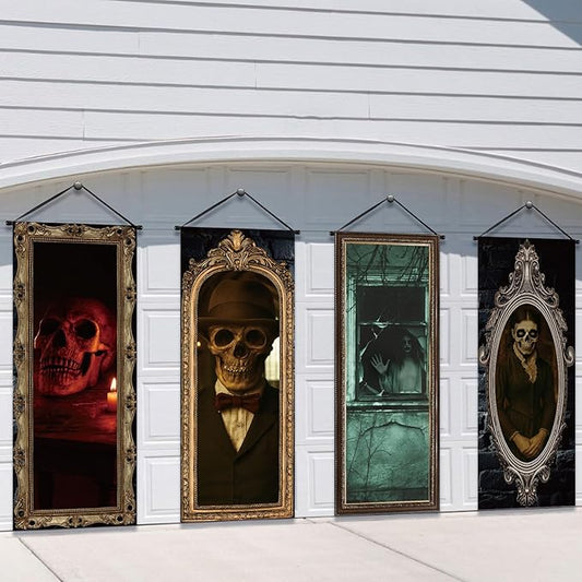 Tiamon 4 Pcs Vintage Christmas Halloween Carnival Porch Banners Retro Santa Clown Stretching Portraits Wall Decorations Gothic Porch Sign Backdrop for Xmas Indoor Outdoor Hanging Decor (Gothic)