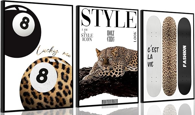 3Pcs Trendy Leopard Wall Art Preppy Aesthetic Stylish Leopard Painting Picture Wall Decor Funky Lucky 8 Ball Cheetah Poster Print Artwork for Bedroom Living Room Bathroom Home Decoration Unframed