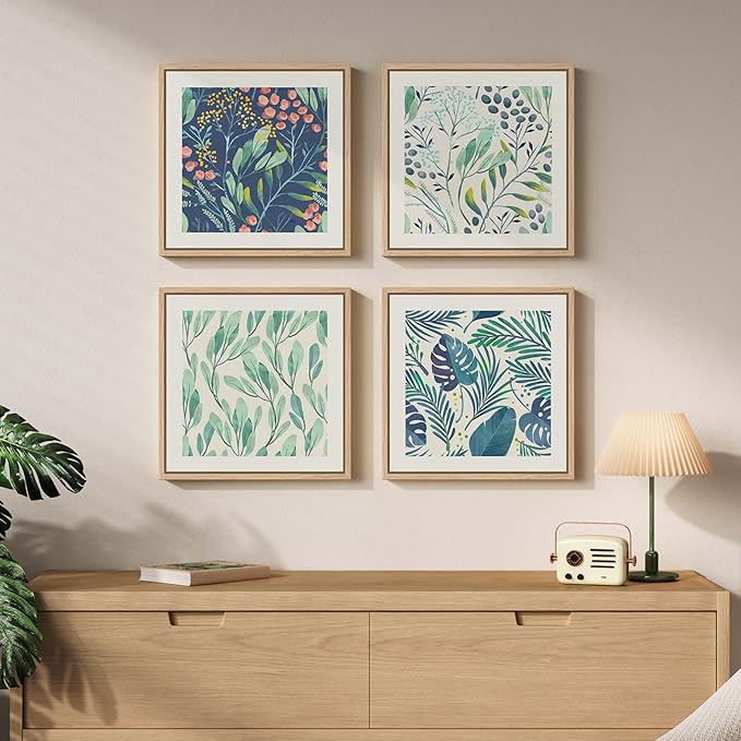 Framed Green Botanical Wall Art Set of 4, Pastel Green Leaf Canvas Wall Art Prints, Square Modern Plant Illustration Wall Decor for Dining Room Bedroom Bathroom, 12x12 Inches