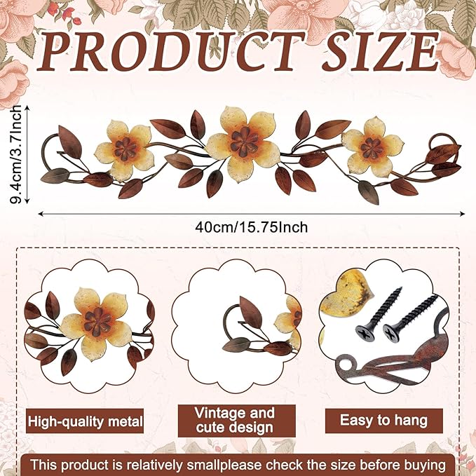 Wesiti Metal Flower Wall Decor Vintage Spring Metal Flower Wrought Iron Scroll Sculpture 15.7''x3.7'' Farmhouse Leaf Wall Decor with Nails for Spring Living Room Bedroom Indoor Outdoor(Gold)