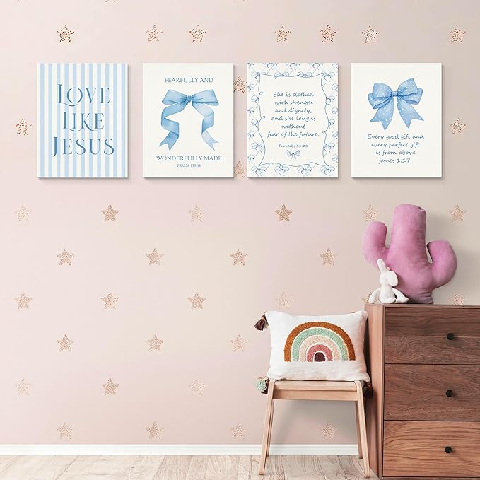 LARTSFRO Coquette Blue Bow Jesus Canvas Wall Art Decor Posters Prints, Light Blue Bow Room Bedroom Bathroom Dorm Wall Art Decor Aesthetic for College Teen Girls Gifts, Inspirational Bible Verses Bow Wall Decor, 11x14 Inch Set of 4 Pcs Bow Pictures (Can...