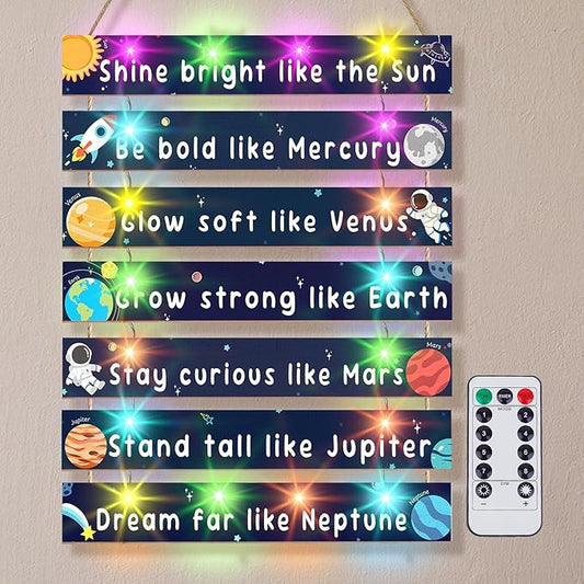 FIOBEE Girls Room Décor for Teen Girls Boys with LED Light Wall Decor for Bedroom Motivational Inspirational Wall Art Girl Room Decoration for Kids Studyroom, 8 Kinds of Lights, Navy Space