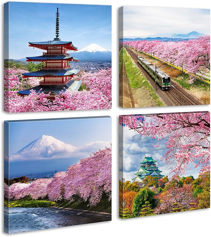 Japanese Cherry Blossom Wall Art - Asian Nature Landscape Romantic Canvas Prints Japanese Mount Fuji Posters Spring Scenery Pictures Modern Artwork for Bedroom Living Room Home Decoration 12"X12"X4