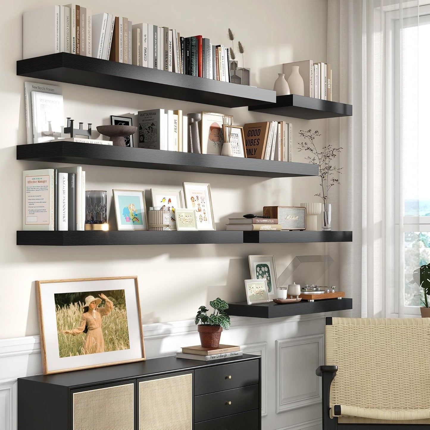 Deep Floating Shelves for Wall | 30W x 12D Black Floating Shelves Set of 2 | 12 Inch Deep Wall Shelves for Living Room Bathroom Laundry Room Bedroom Kitchen Home Office - Black