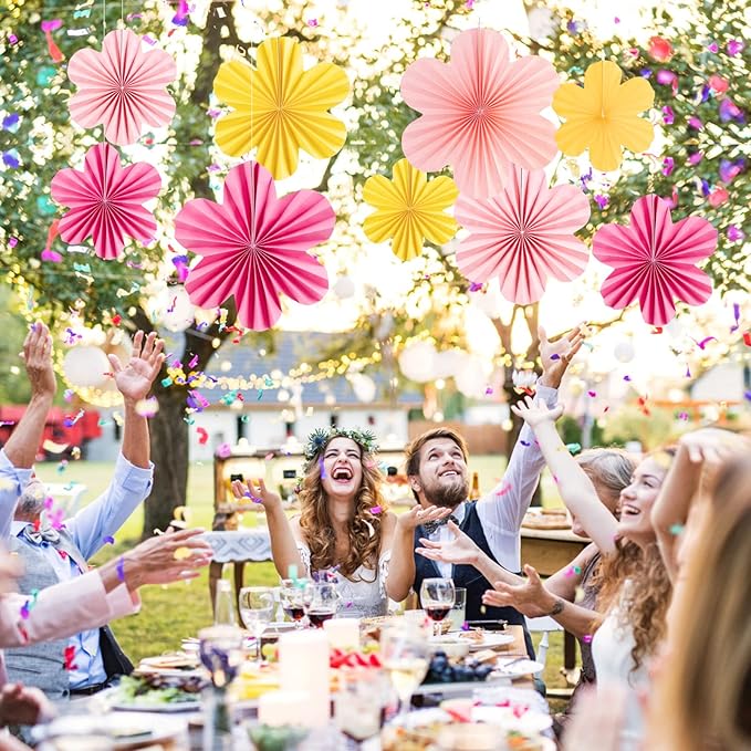 SUNBEAUTY Paper Flowers Decorations for Wall, Paper Flower Fan Classroom Decoration Paper Floral Backdrop Decor Paper Fans Decoration Hanging Paper Fans Pink Yellow Flower Wall Decor