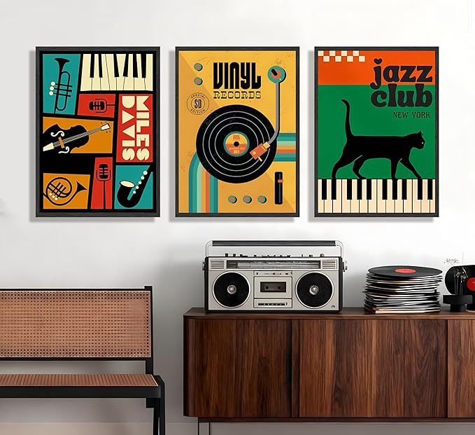 JWDXNOOK 3pcs Retro Jazz Music Wall Art Vintage Vinyl Records Paintings Musical Instruments Black Cat on Piano Canvas Prints Poster for Living Room Bedroom Music Room Decor Unframed