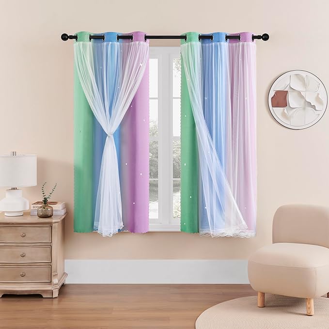 XiDi Curtains for Bedroom Decor, Rainbow Green PurpleBlue34/54/1