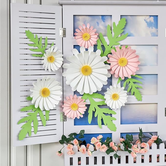 SUNBEAUTY Paper Flowers Decorations for Wall Giant Daisy Flowers Bulletin Board Decoration 3D Floral Tissue Paper Flowers Hanging for Classroom Wedding Baby Shower Tea Party Backdrop (Pink, White)
