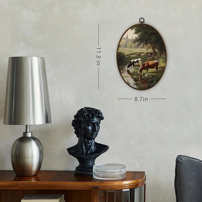 Gnmduw Vintage Cow Landscape Oval Wall Art Framed, Rustic Farmhouse Cow Scene Canvas Prints Hanging Decor, Cottage Rustic Farm Animal Wall Decor for Barn Cabin Bedroom Living Room, 8.7x11.3 Inch