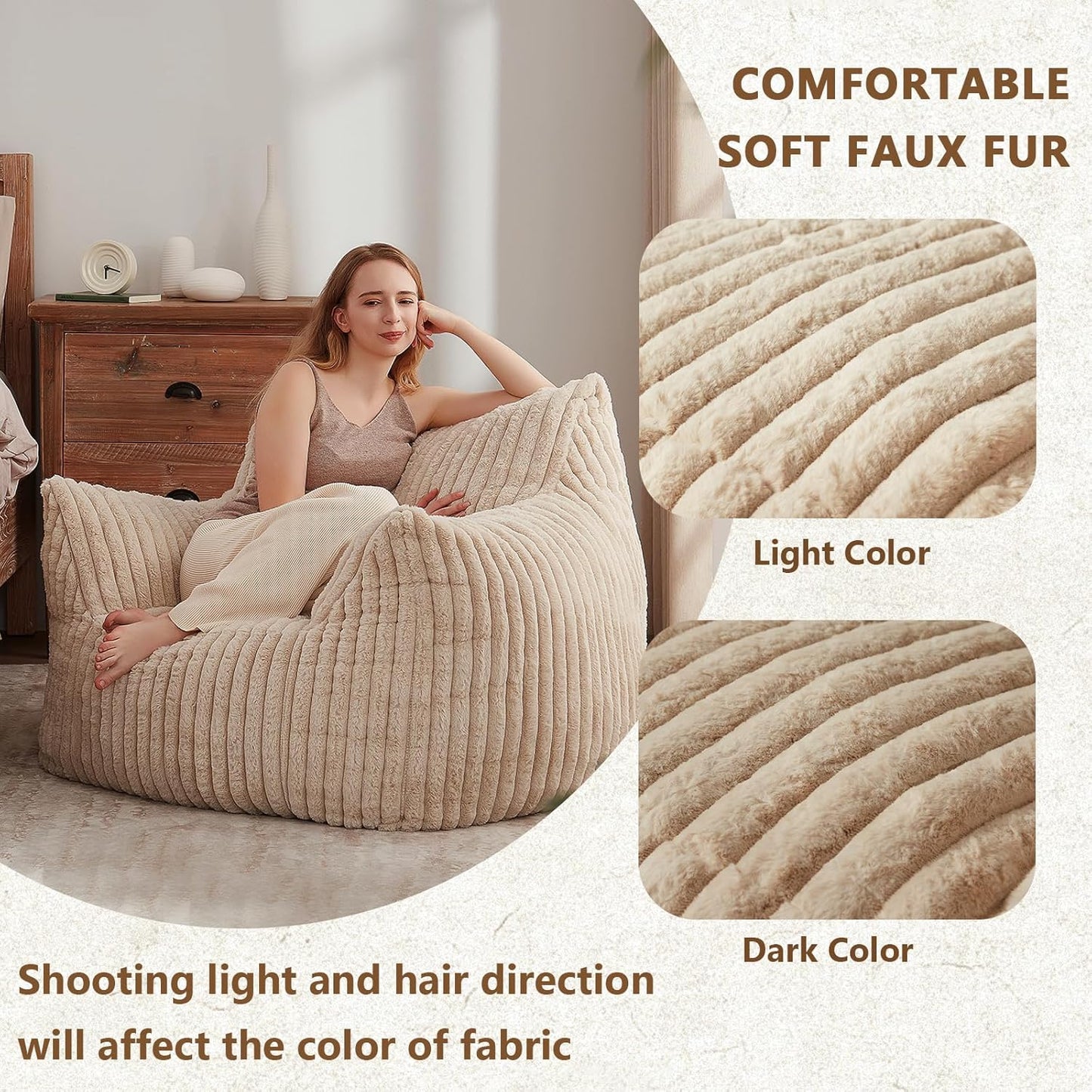 Giant Bean Bag Chairs for Adults Teens, Large Bean Bag Sofa Chairs with Filling Comfy Fuzzy BeanBag Chair with Armrests for Bedroom Living Room Reading