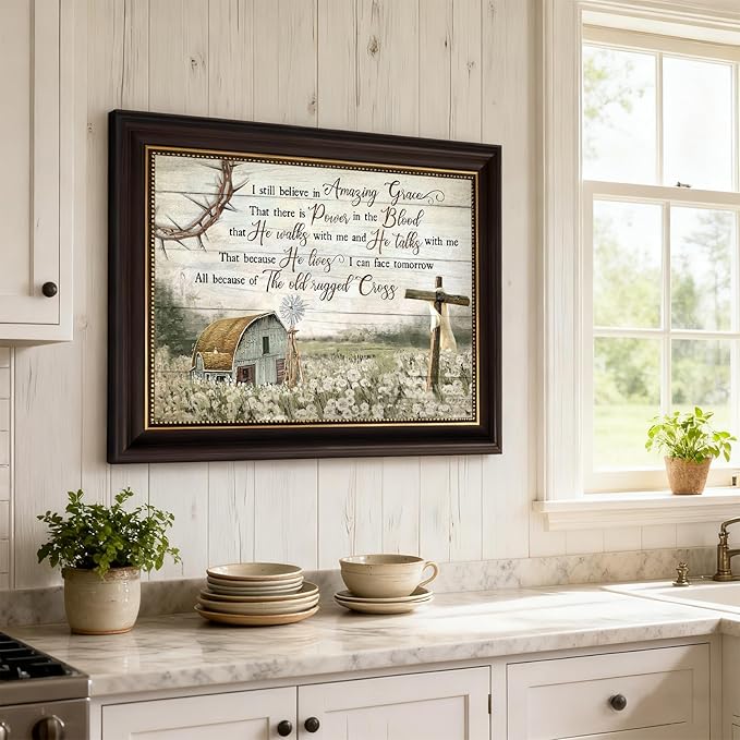 HDXUFJQ Dark Brown Framed Christian Wall Art Barn Windmill Canvas Wall Decor Religious Cross Wall Art I Still Believe In Amazing Grace Picture Print Christian Prayer Decor Paintings(12"x16")