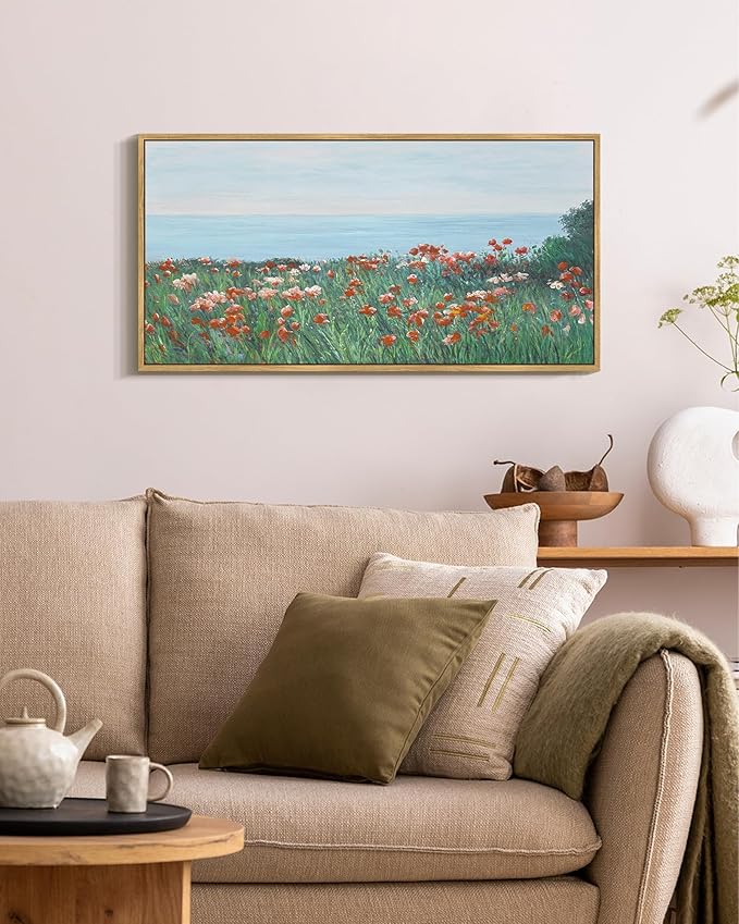 SHENIFY Vintage Framed Wall Art Coastal Wildflower Field Poppy Flower Landscape Scenery Home Decor Retro Decorations for Farmhouse Bedroom Ready to Hang Wall Artwork - 8x16in Natural Framed