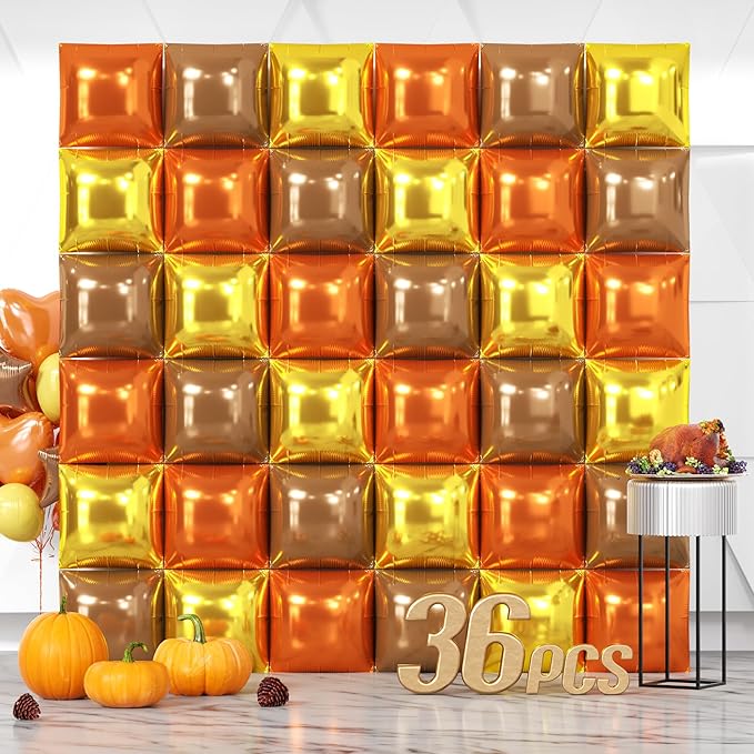NISOCY 36PCS Orange Gold Brown Square Foil Balloons Wall Backdrop Metallic Autumn Fall Balloons Arch Kit for Thanksgiving Friendsgiving Birthday Halloween Baby Shower Fall Color Party Decorations