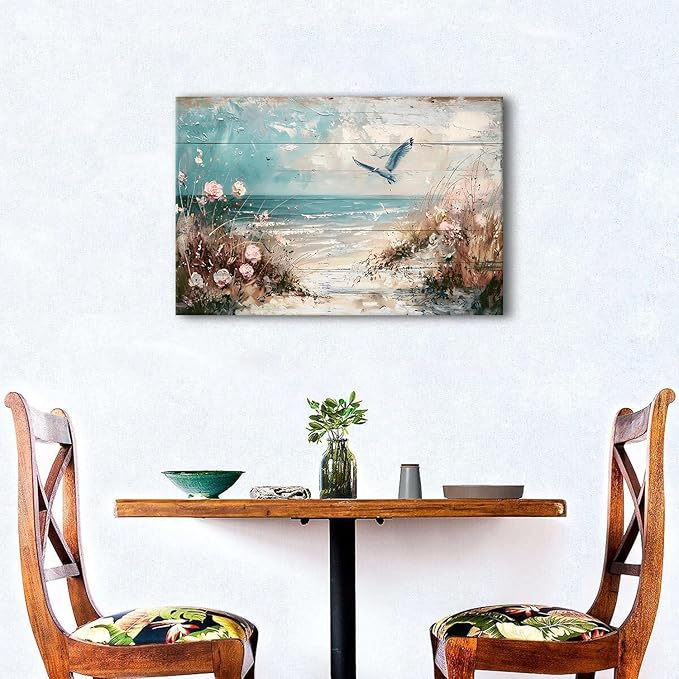 Seagull Wall Art Pink Flowers Canvas Prints Ocean Wall Decor Seabird Painting Beach Picture Nautical Poster Coastal Photo Vintage Seascape Artwork Framed for Kitchen Living Room Home Decoration 16x24