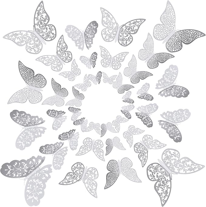 Bememo 72 Pieces 3D Butterfly Wall Decals Sticker Decal Wall Decor Art Decorative Sticker 3 Sizes for Room Offices Bedroom Bathroom Living Room Decor(Silver)