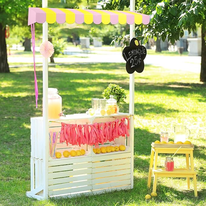 Boao 4 Pack Circus Awning Decoration 3D Stripe Cardboard Awning Carnival Wall Decor Circus Party Favors for Lemonade Stand Bakery Ice Cream Truck Bulletin Board Decor(Pink and Yellow)