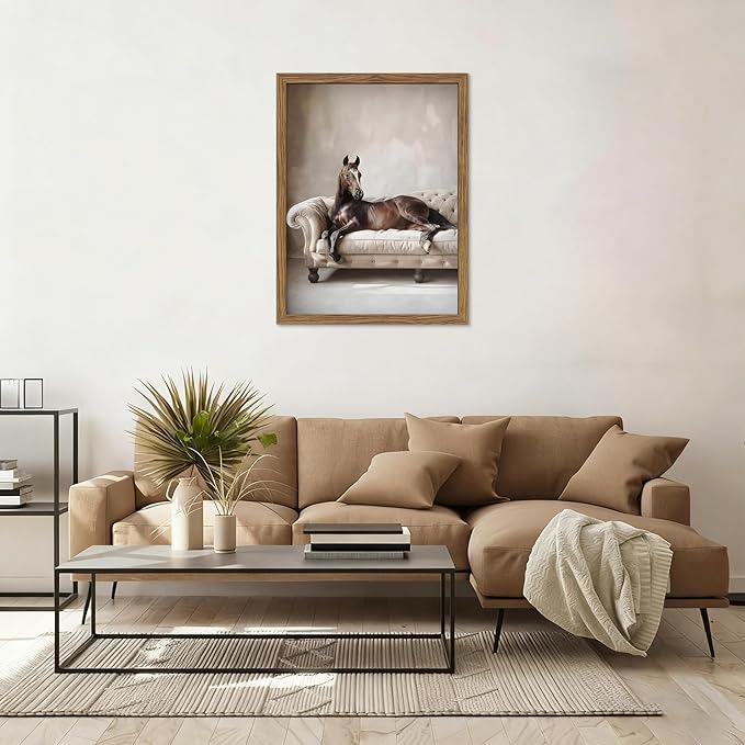 Framed Funny Horse Wall Art, Vintage Brown Horse Laying on Sofa Canvas, Modern Farmhouse Western Wall Decor, Grace Animal Pictures Prints for Living Room Bedroom Office Dorm 16x24 inch
