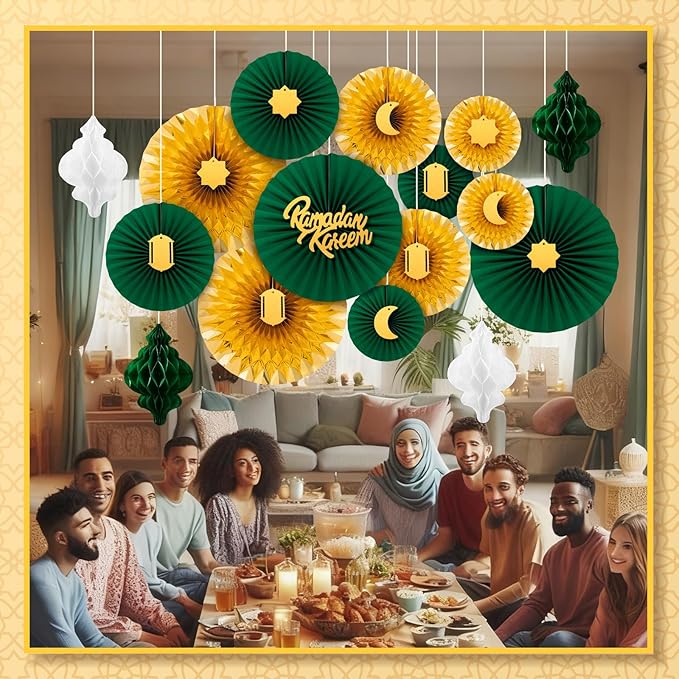 Epakh 29 Pcs Ramadan Decorations for Home Ramadan Hanging Paper Lantern Eid Wall Ceiling Decoration Honeycomb Paper Fan Eid Mubarak Home Decoration Birthday Wedding Party Supply(Green & Gold)