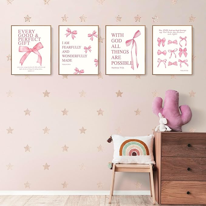 LARTSFRO Coquette Pink Bow Christian Wall Art Decor Posters, Pink Bow Room Bedroom Bathroom Dorm Wall Art Decor Aesthetic for College Teen Girls Gifts, Inspirational Bible Verses Bow Wall Decor, 12x16 Inch Set of 4 Pcs Bow Pictures (UNFRAMED)