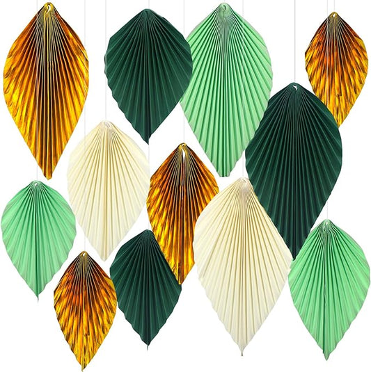 ADLKGG Green Gold Hanging Paper Leaves Wall Backdrop Decor, Paper Palm Leaves Fan Party Decorations for Forest Birthday Party Tropical Jungle Theme Classroom Decor, 12pcs