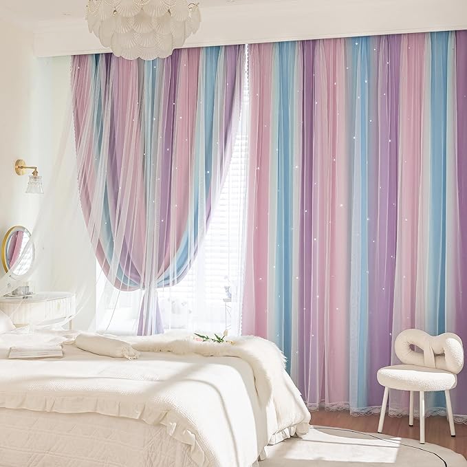 XiDi Kids Curtains 84 Inches Long for Girls Bedroom Nursery Rainbow Blackout Curtains Unicorn Princess Theme Home Decor Grommet Pink and Purple Blue Curtains W34 X L84 2 Panels Set