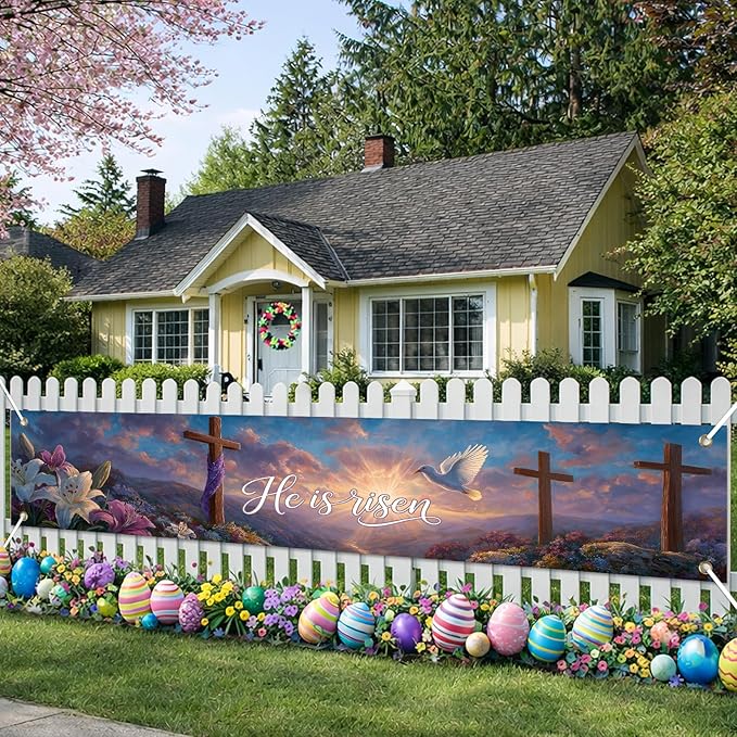 He Is Risen Easter Banner Resurrection Cross Sunrise Spring Christian Decor 118×20 inch Religious Faith Banner for Church Yard Fence Door Wall Indoor Outdoor Display