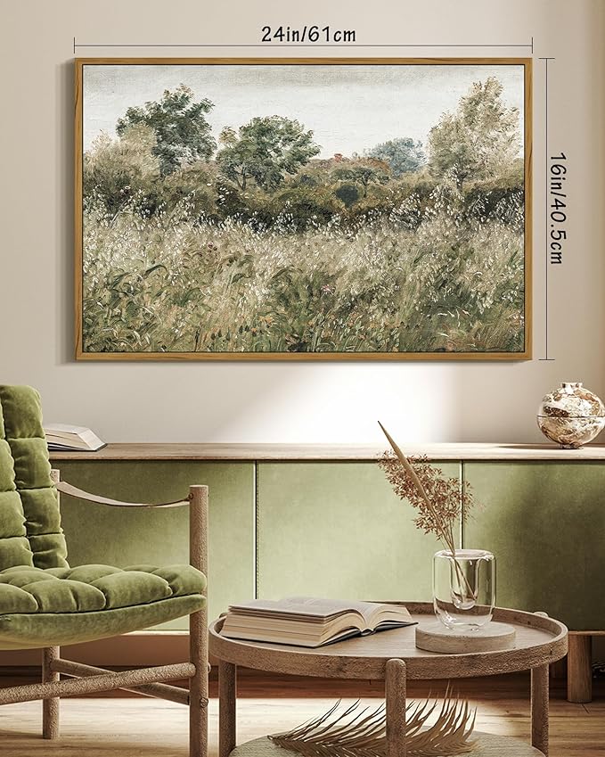 SHENIFY Vintage Landscape Framed Wall Art Meadow Scenery Farmhouse Decor Retro Painting for Living Room Bedroom Ready to Hang Wall Artwork - 16x24in Natural Framed