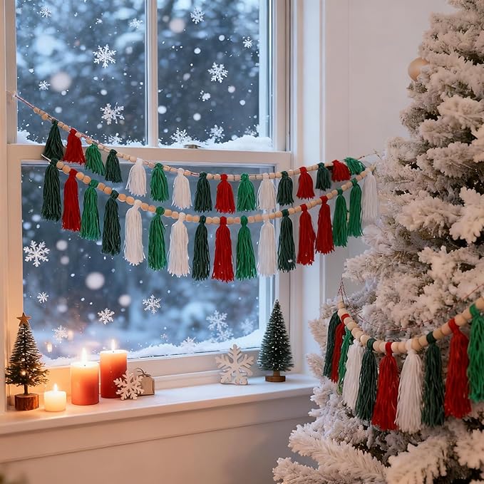 Zeyune 3 Pcs Christmas Tassel Garlands Red Green White Tassels Hanging Decor Xmas Rainbow Wall Hanging with Wood Beads for Christmas Party Supplies Bedroom Baby Shower