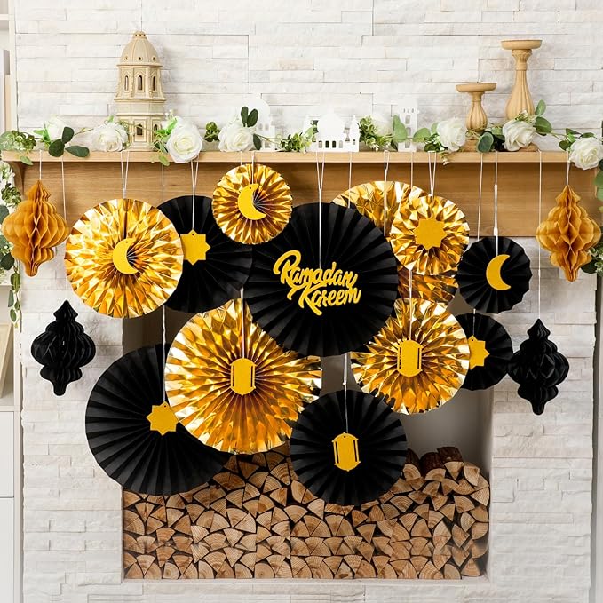 Epakh 29 Pcs Ramadan Decorations for Home Ramadan Hanging Paper Lantern Eid Wall Ceiling Decoration Honeycomb Paper Fan Eid Mubarak Home Decoration Birthday Wedding Party Supply(Black & Gold)
