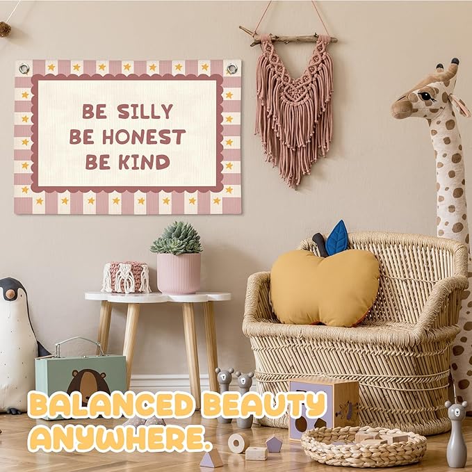 Pink Girls Room Decor, Girl Nursery Decor Boho Retro Classroom Wall Hanging Canvas Banner, Be Silly Honest Kind Classroom Wall Art Decor for Kids Nursery Toddler Room Bedroom Playroom, 30x20