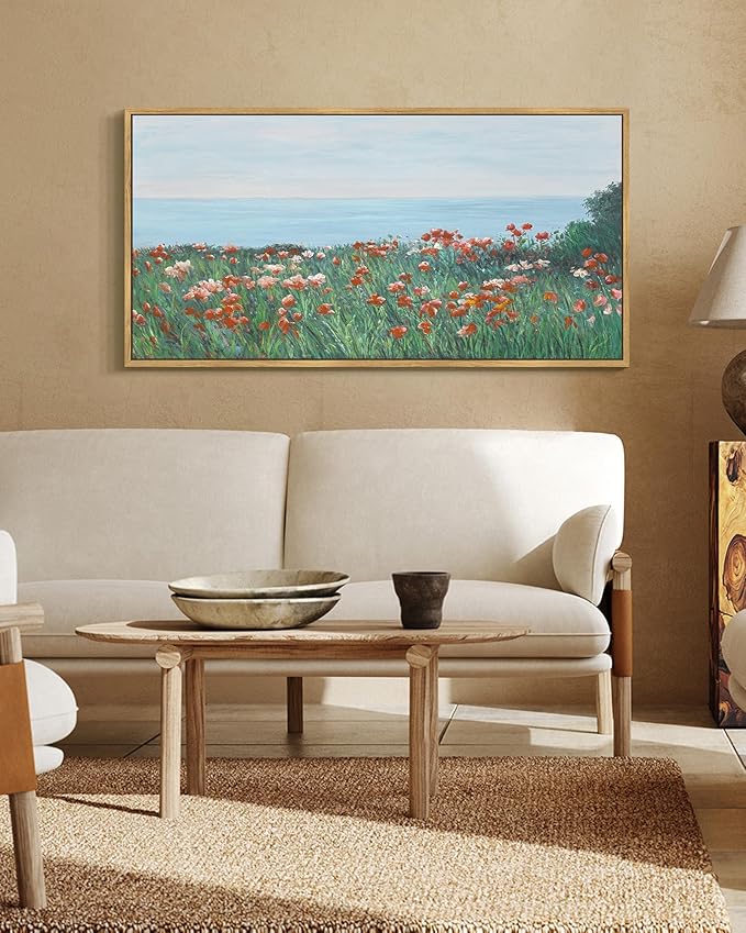 SHENIFY Vintage Framed Wall Art Coastal Wildflower Field Poppy Flower Landscape Scenery Home Decor Retro Decorations for Farmhouse Bedroom Ready to Hang Wall Artwork - 20x40in Natural Framed