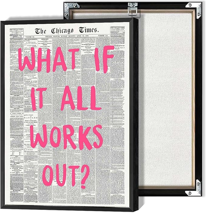 What If It All Works Out Poster Retro Newspaper Pink Font Canvas Wall Art Positive Affirming Quote Minimalist Prints Painting For Home Bedroom Dorm Wall Decor 12x18in Framed