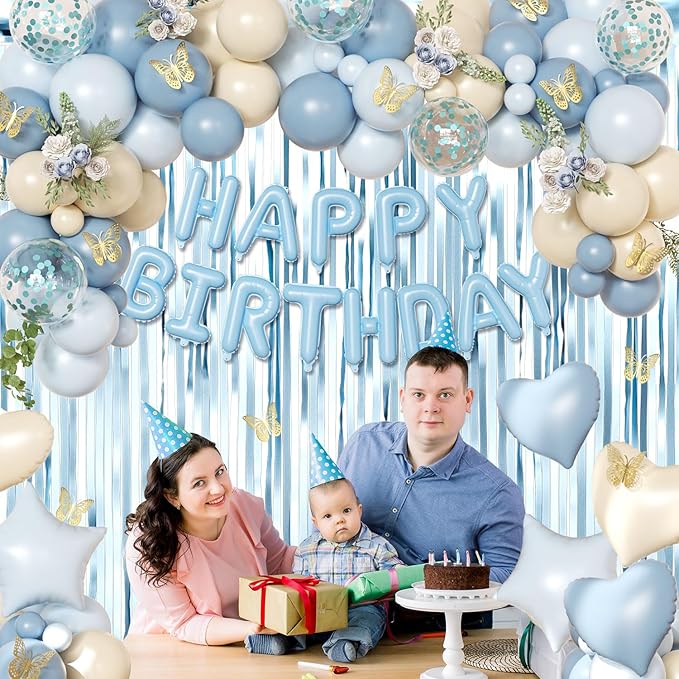 Blue Birthday Decorations, Dusty blue Sand White Confetti Foil Balloons Happy Birthday Banner Gold Butterfly Fringe Curtains, Light Blue Birthday Decorations for Boys Girls Women Men