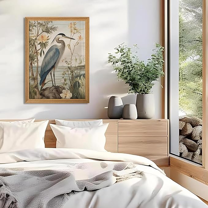 Framed William Morris Heron Wall Art, Vintage 3D Textured Botanical Wall Decor, Hand Drawn Sandstone Wildlife Picture Artwork, Modern Farmhouse Decor for Bedroom Living Room 12x16 inch
