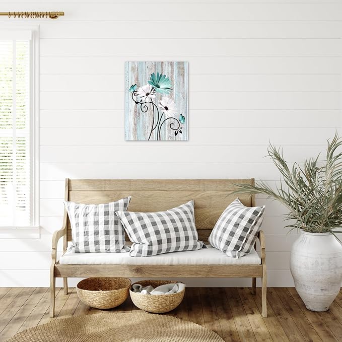 HVEST Teal Daisy Wall Art Vintage Flower and Butterfly on Rustic Wooden Abstract Painting Farmhouse Plant Wall Art for Bathroom Living Room Bedroom Kitchen Decor Ready to Hang, 24Lx16W Inches