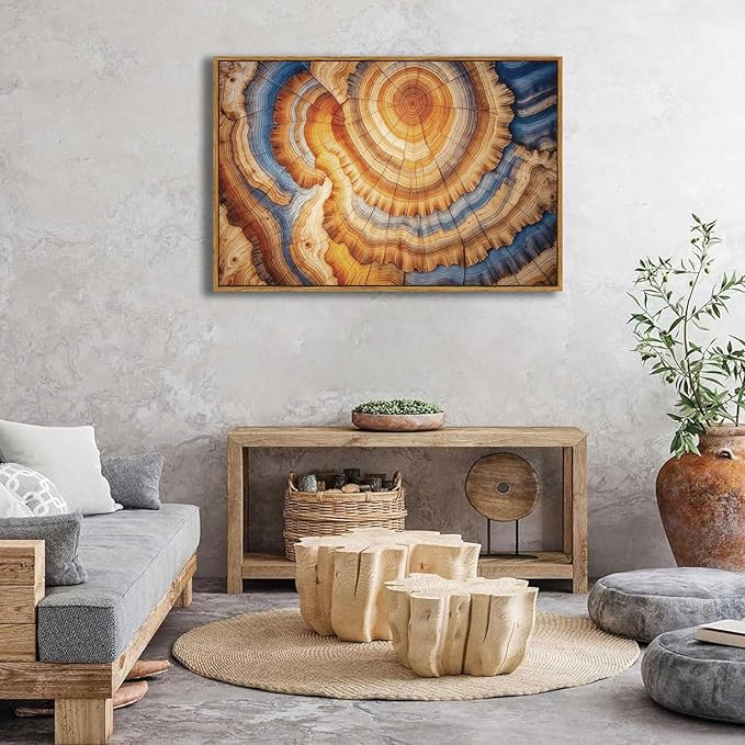 BingruiArt Large Framed Tree Ring Wall Art Wood Canvas Colorful Boho Wall Decor Rustic Artwork Abstract Painting Farmhouse Picture Nature Print for Living Room Bedroom Bathroom 24"x36" Natural Framed(09)