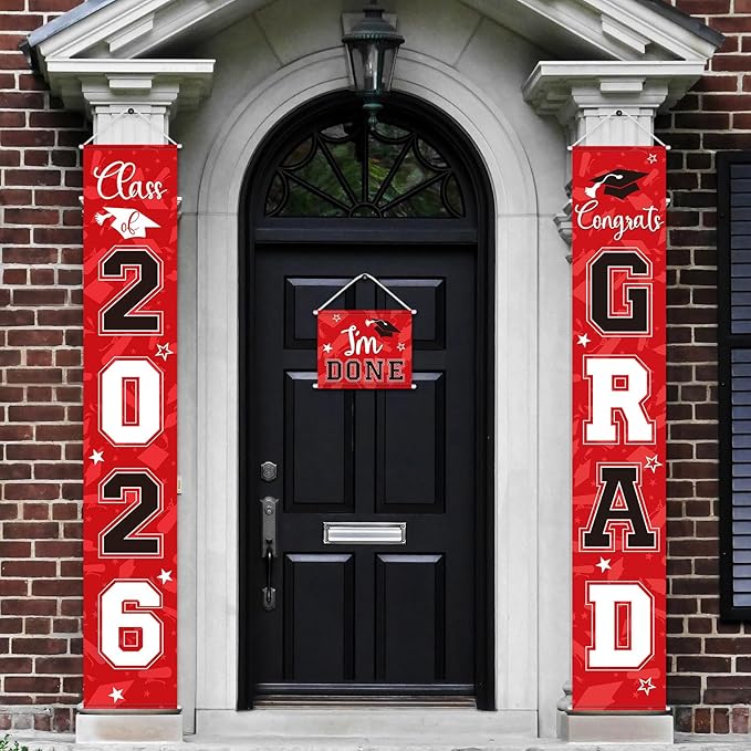 Moukeren 3 Pieces 2026 Graduation Party Decorations Graduation Porch Sign Class of 2026 Grad Hanging Porch Banner Backdrop Door Sign for Grad Party Home Door Wall Decor(Red and Black)