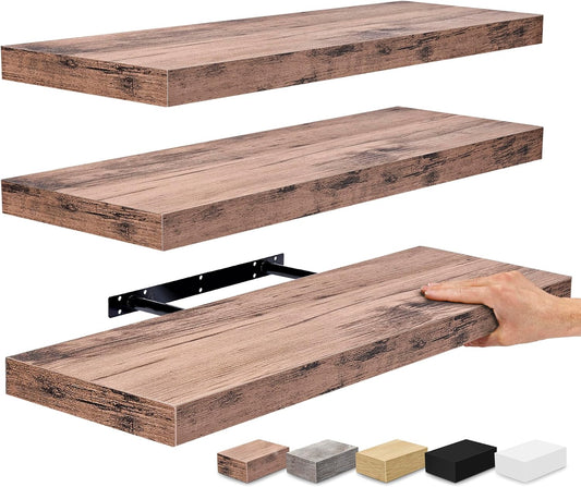 Sorbus Floating Shelves for Wall - 24" Bathroom Shelves, Wall Decor for Bedroom, Kitchen, Living Room, Home Decor & Book Storage - Mounted Floating Shelf with Invisible Brackets (Mahogany, 3 Pack)