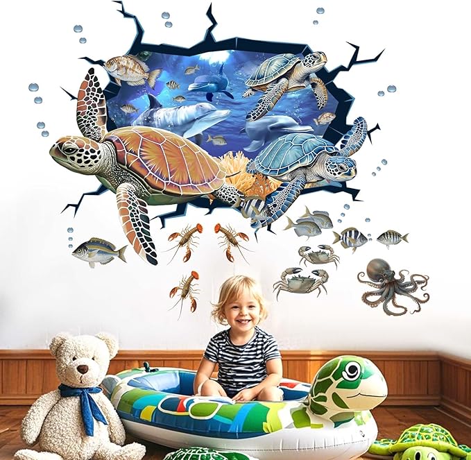 Sea Turtle Wall Stickers for Kids: Peel and Stick Under The Sea Marine Ocean Fish Wall Decals for Baby Nursery Kid Bedroom Toddler Room - Children Supplies Ages 1-12 Year Wall Decor