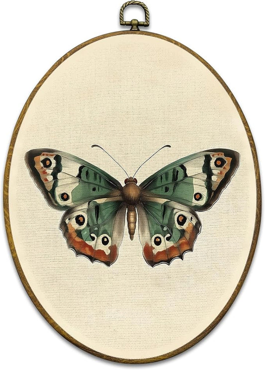 Mcehtle Vintage Butterfly Wall Art Decor, Moody Moth Cottagecore Oval Framed Canvas Prints 8.6x11.4, Sage Green Academia Insect Wall Hanging Artwork Decorations for Gallery Home Bedroom Living Room