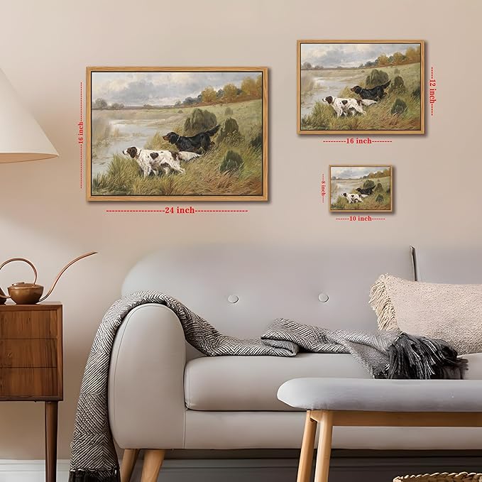 Floating Framed Vintage Hunting Dog Wall Art, Classic Countryside Landscape Canvas Print, English Setter and Gordon Setter Painting, Rustic Farmhouse Wall Decor for Living Room Study Office 12x16 inch
